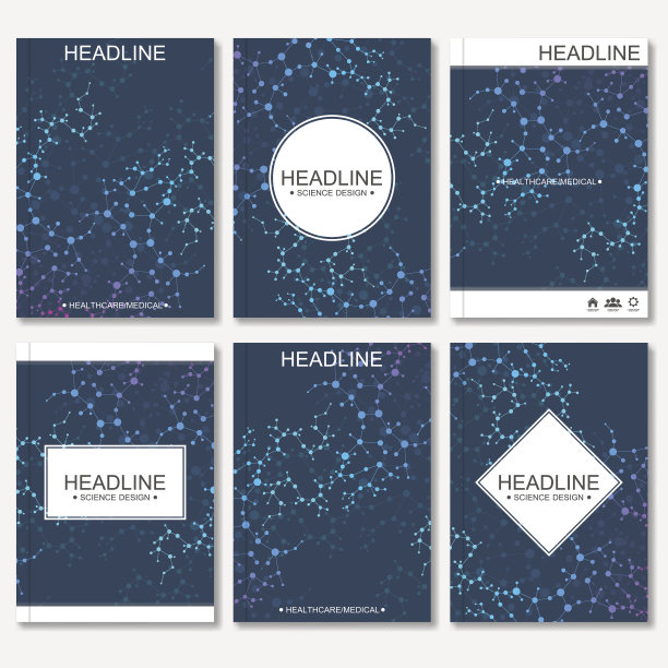 科学的宣传册设计模板。矢量传单布局，分子结构与连接线和点。科学图案原子DNA与元素为杂志，传单，封面，海报设计。图片下载