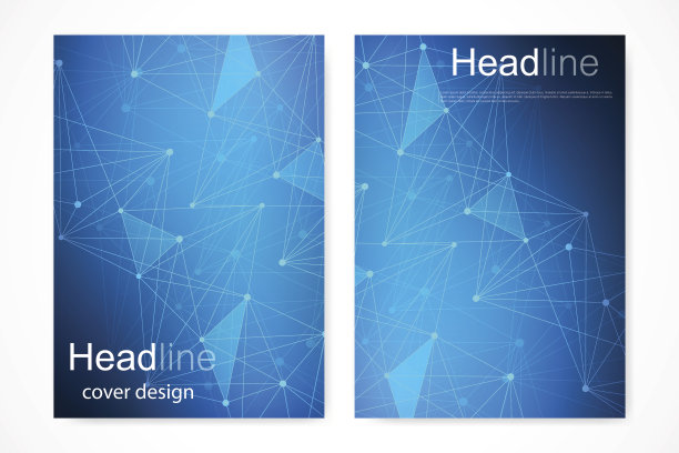 科学的宣传册设计模板。矢量传单布局，分子结构与连接线和点。科学图案原子DNA与元素为杂志，传单，封面，海报设计。图片下载