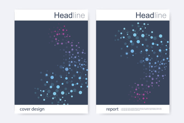 科学的宣传册设计模板。矢量传单布局，分子结构与连接线和点。科学图案原子DNA与元素为杂志，传单，封面，海报设计。图片下载