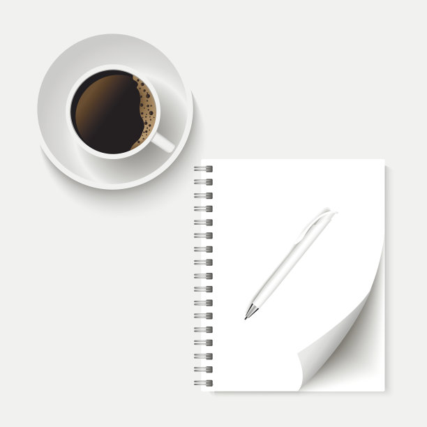 咖啡和带笔的空白备忘录。向量图片下载