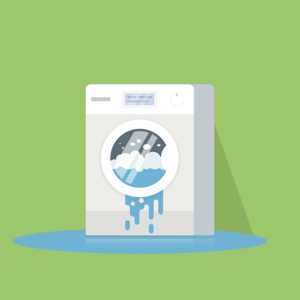洗衣机坏了，水流出来。调用的主人。平的孤立的插图。图片下载