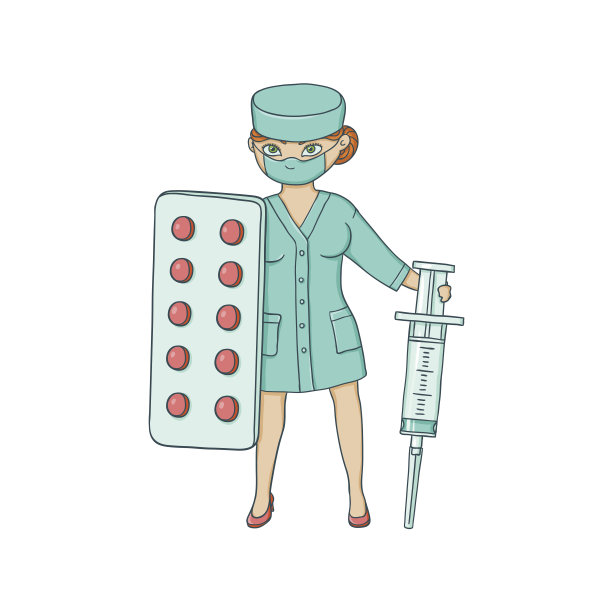 矢量平女医生用巨大的注射器，药丸图片下载