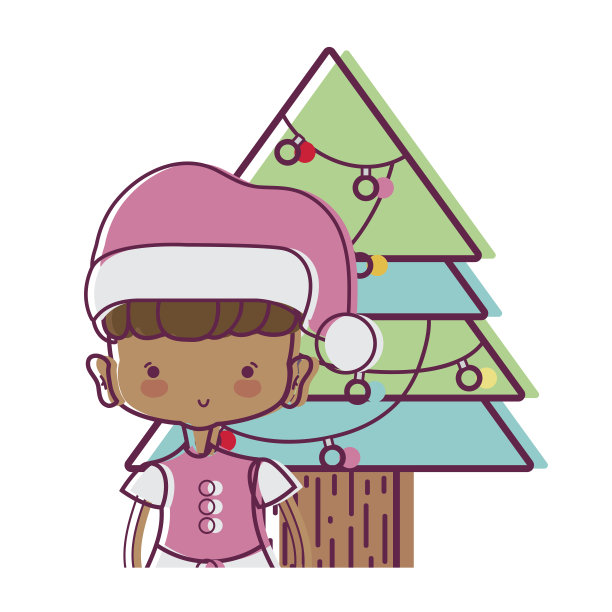 穿着圣诞衣服的女孩和挂着彩灯的松树图片下载