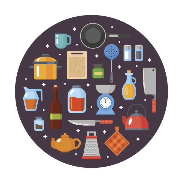 厨房用具。厨具、炊具、厨具收藏。现代平面图标集，图形元素，对象的网站，网站横幅，信息图。平面设计理念。图片下载