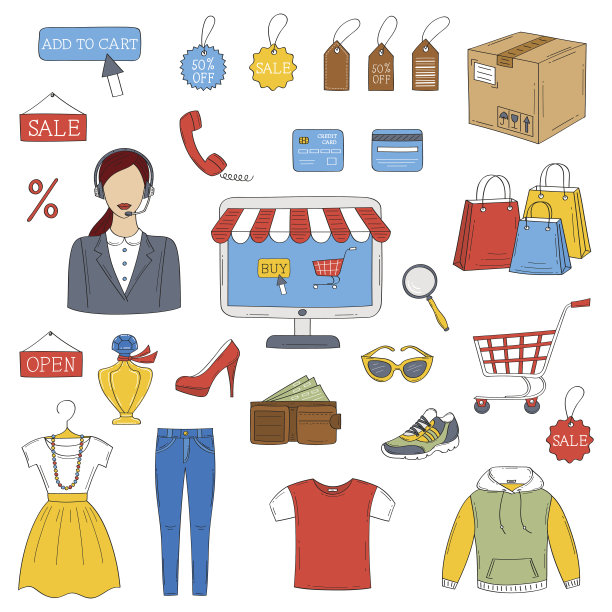 网上购物手绘图标集，矢量插图图片下载