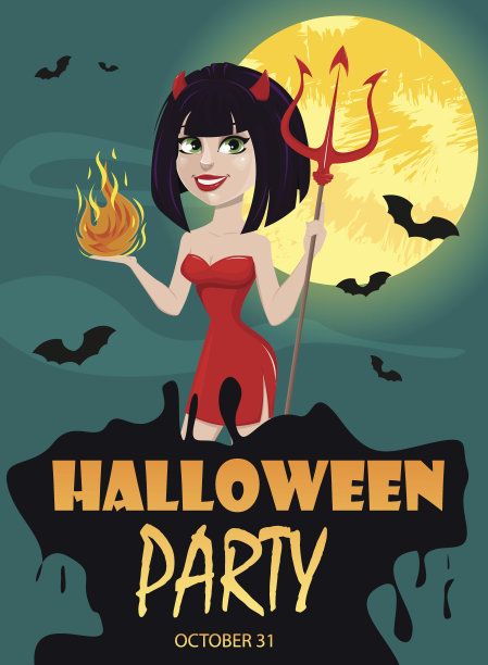 魔鬼女孩为万圣节派对邀请。性感的女魔头一只手拿着三叉戟，另一只手冒着火焰。图片下载