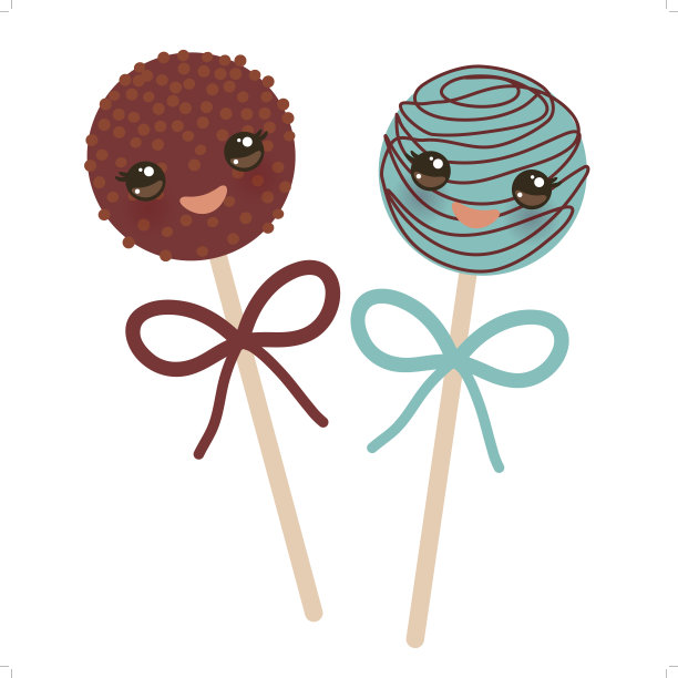 可爱有趣卡哇伊巧克力和蓝色甜蛋糕棒棒糖与蝴蝶结孤立在白色背景。向量图片下载