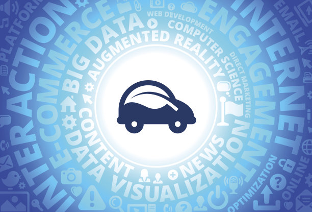 现代科技词汇背景下的互联网上的汽车和树叶图标图片下载