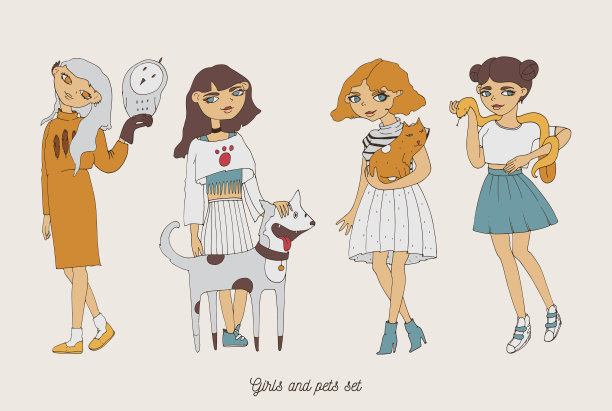 手绘女孩与可爱的宠物狗，猫，蛇，猫头鹰。图片下载