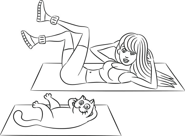 卡通健美操和猫。矢量图图片下载