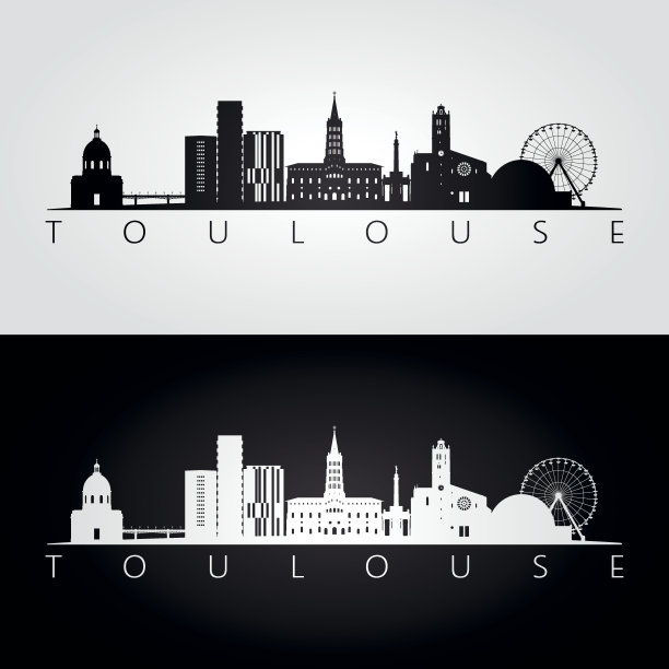 图卢兹的天际线和地标剪影，黑白设计，矢量插图。图片下载