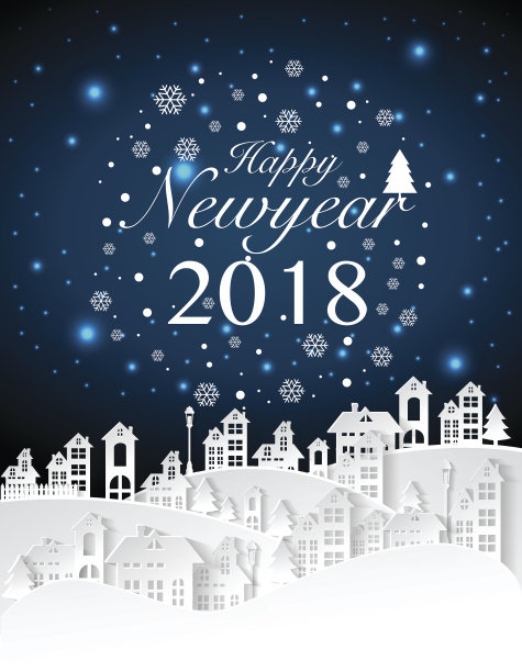 派对新年2018年在城市和满月的背景与旗帜，矢量插图。图片下载