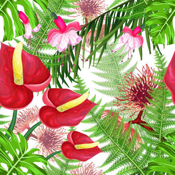 无缝图案与鲜艳的花和叶素材图片