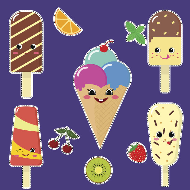 一组不同的冰淇淋贴纸微笑着。图片下载