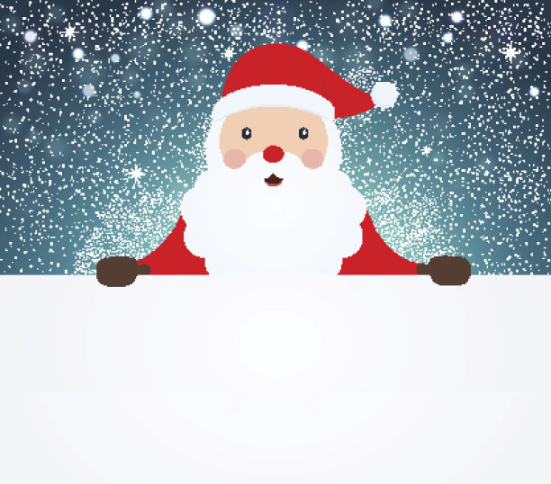 圣诞老人在雪白的背景上指着白色的空白布。图片下载