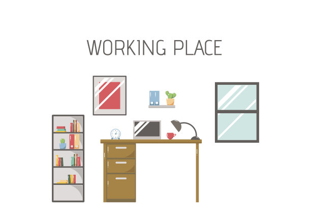 工作场所的平面室内概念。带工作场所的家庭房间。图片下载
