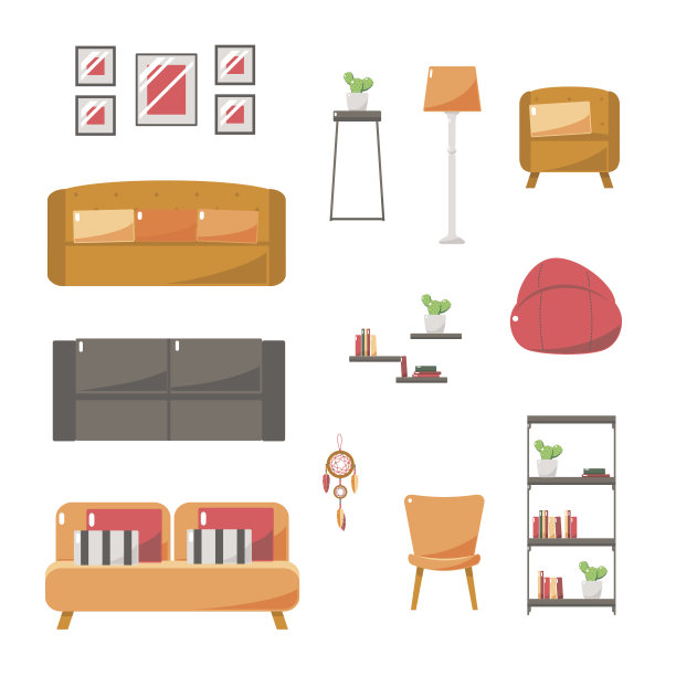 客厅家具。平面风格矢量插图。图片下载