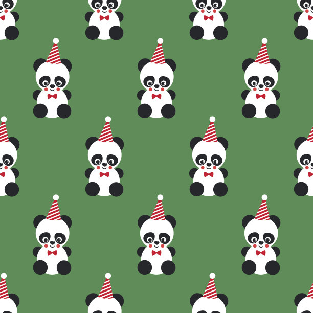 熊猫无缝图案上的绿色背景。图片下载
