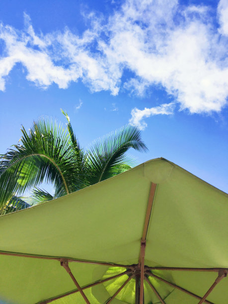 在夏威夷的一个阳光明媚的日子里，在一把绿伞下放松，抬头看云图片下载