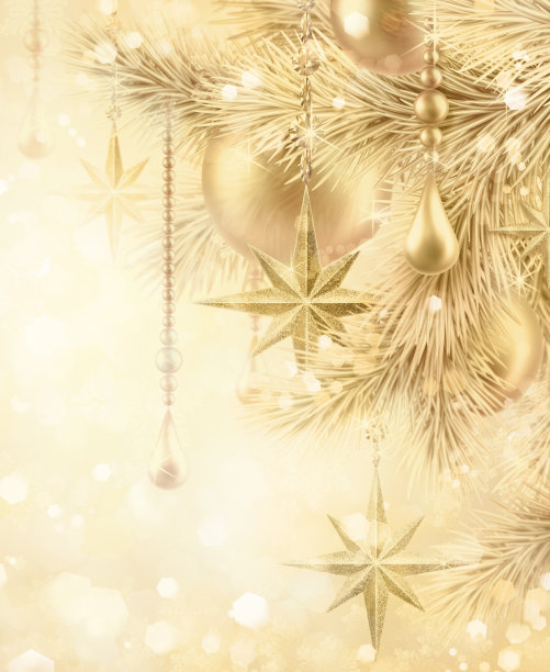 数码插画，闪闪发光的金色节日背景，散景灯，复古圣诞树装饰品，金色球，星星，冬季节日贺卡图片下载
