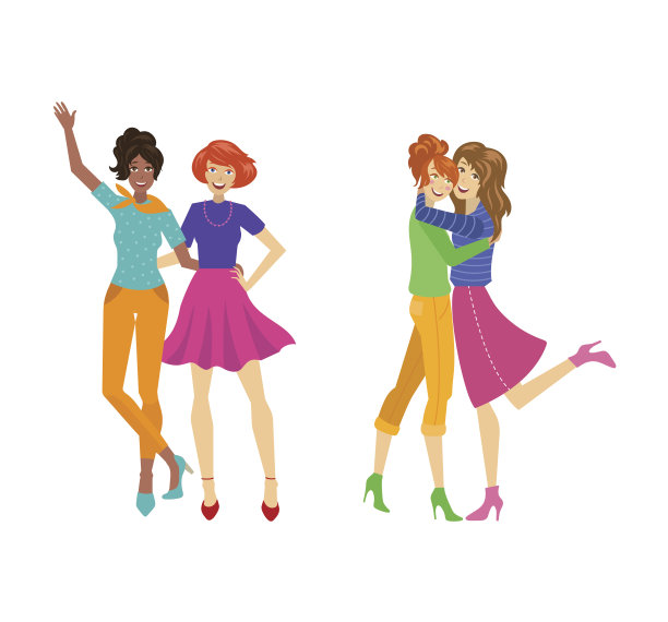 向量女孩的角色拥抱设置平孤立图片下载