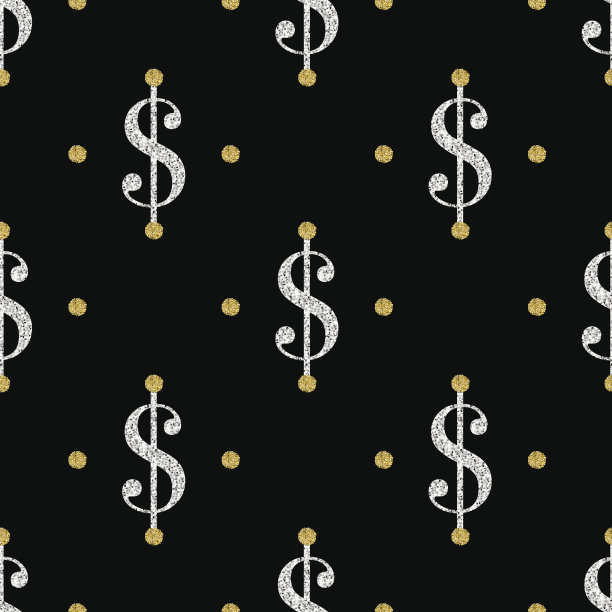 无缝银闪光美元模式与黄金点闪光在黑色的背景图片下载