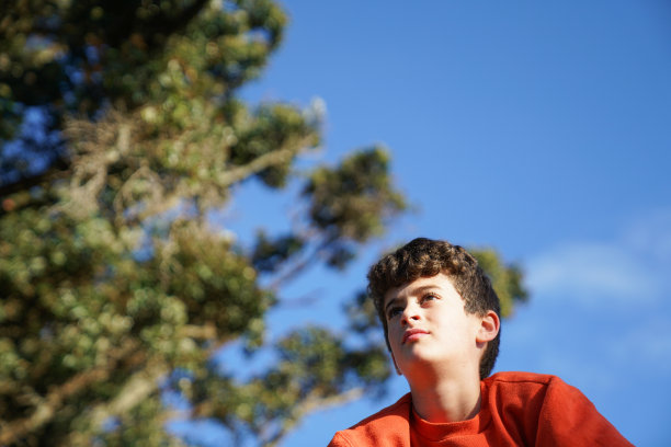 男孩在墙头上休息时朝前看。图片下载