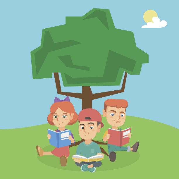 学校的孩子们在树下阅读大自然图片下载