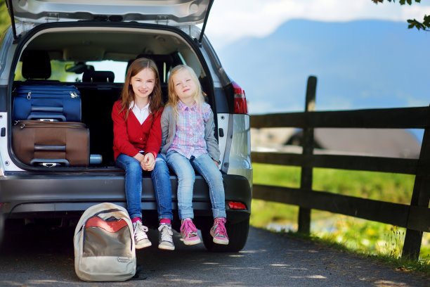 两个可爱的小家伙在和父母去度假前坐在车里图片下载