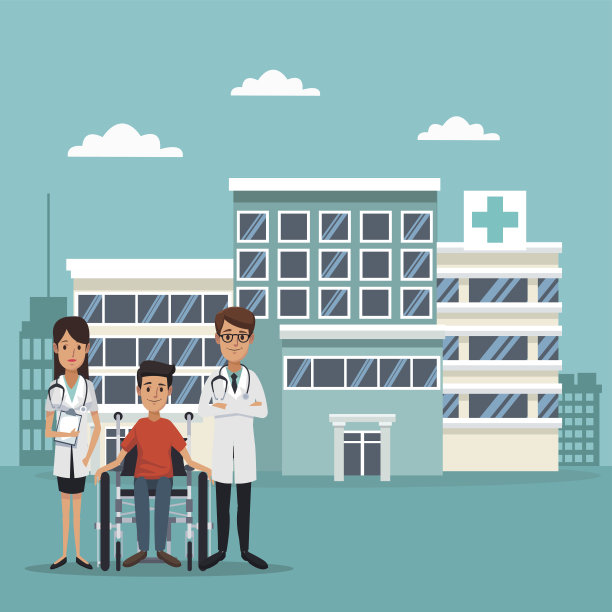 城市景观背景有建筑物和医院，有坐轮椅的病人和专科医生素材图片