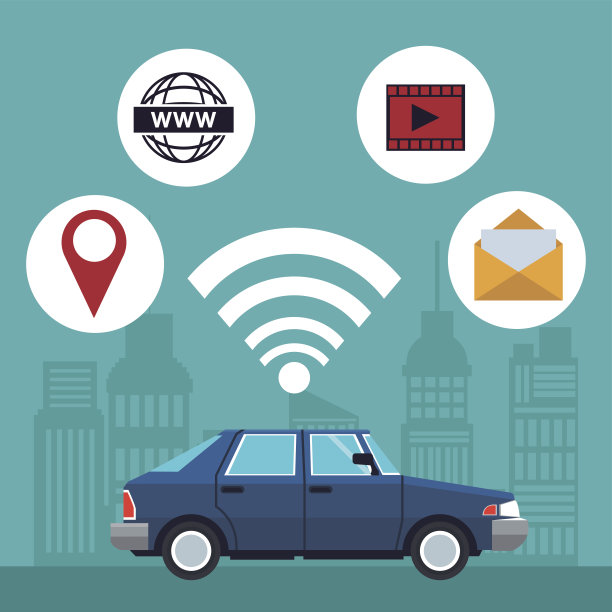 智能汽车和图标无线技术剪影城市景观的色彩背景图片下载