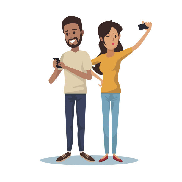 白底黑发的男人和女人在社交网络上自拍交流图片下载