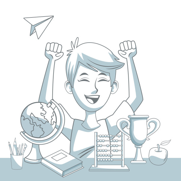 白色背景与彩色剪影阴影男生的幸福表达和学校元素图片下载