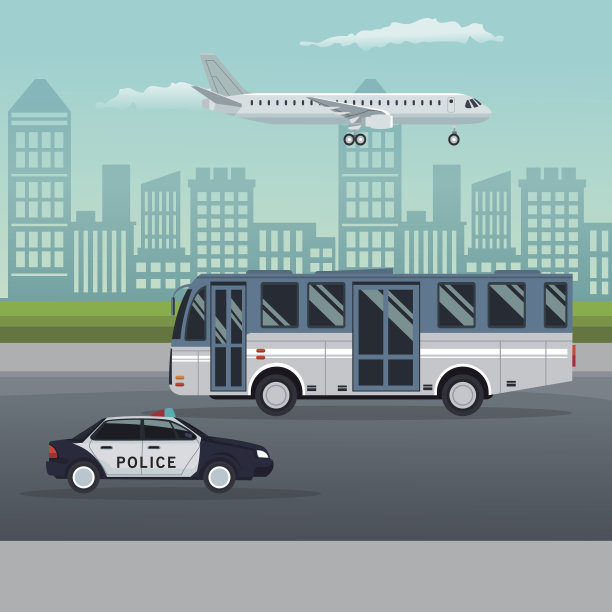 色彩背景的城市景观有公交和警车车辆运输图片下载