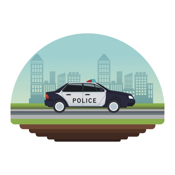 白色背景圆形不规则框架与彩色场景城市景观与警车车辆运输在街道上图片下载