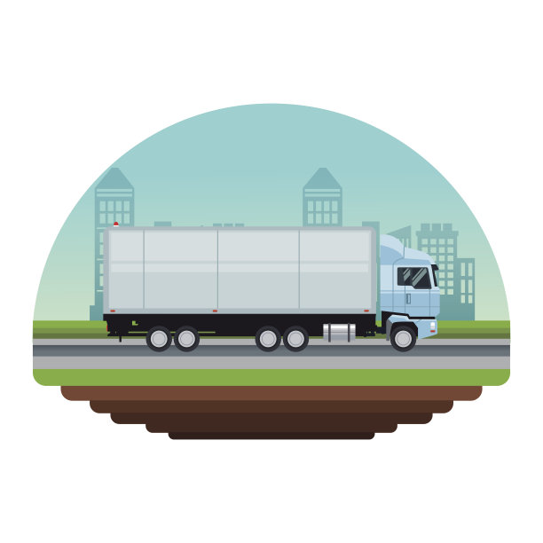 白色背景圆形不规则框架与彩色场景城市景观与卡车在街道图片下载