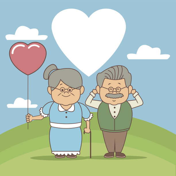 色彩背景场景在景观中，老两口用心形气球在草地上快乐的爷爷奶奶天图片下载