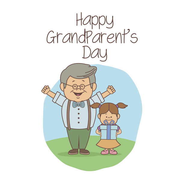 白色的背景带着一幕爷爷快乐的表情和女孩带着礼物快乐的爷爷奶奶的日子图片下载