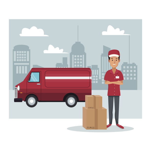 黑白海报城市景观与工人包裹和卡车快速交付图片下载