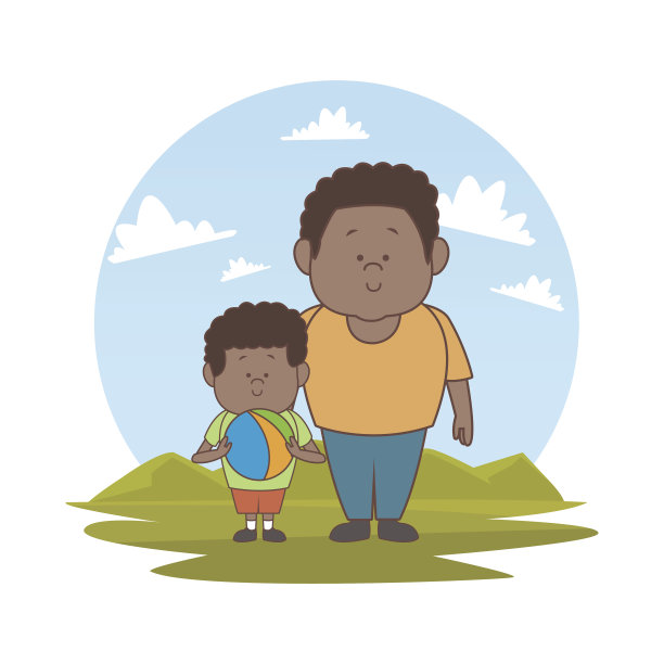 白色的背景与彩色剪影景观与深色的父亲和小男孩与球多彩的图片下载