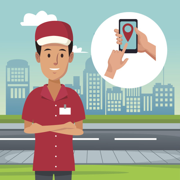 海报城市景观与半身体工人和图标智能手机位置图片下载