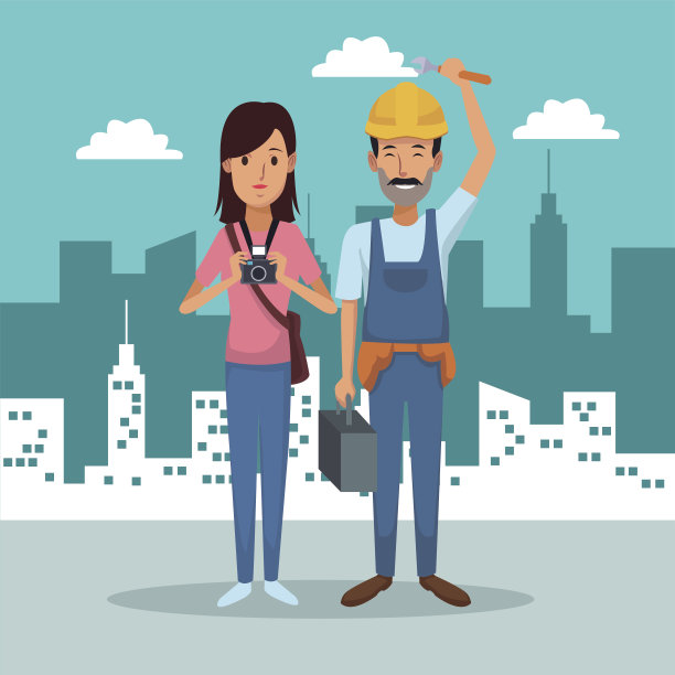 城市景观背景与全身情侣女照片和工人图片下载