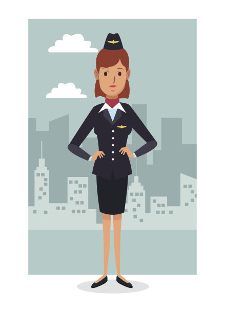 黑白城市景观框架背景与色彩斑斓的全身女子空姐图片下载