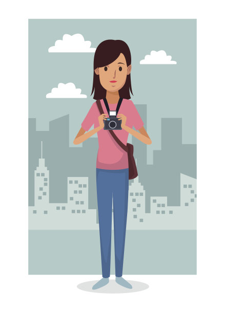 黑白城市景观画框背景与色彩斑斓的全身女性照片图片下载