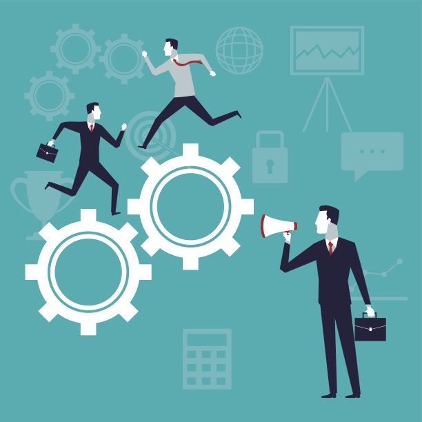 彩色背景与执行集团运行齿轮机构和商人与扩音器图片下载