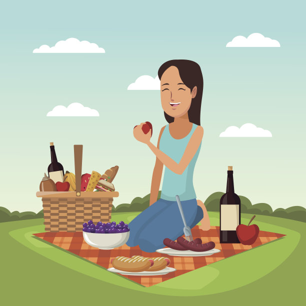 彩色的风景风景的野餐篮子妇女与她的手与苹果图片下载