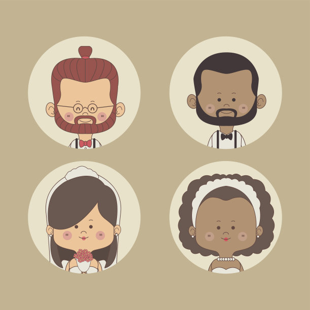 颜色背景设置半身新娘和新郎与红发和其他深色在圆形框架图片下载