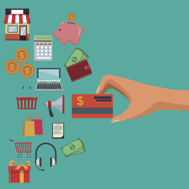 手持信用卡的彩色背景和网上购物的图标元素图片下载