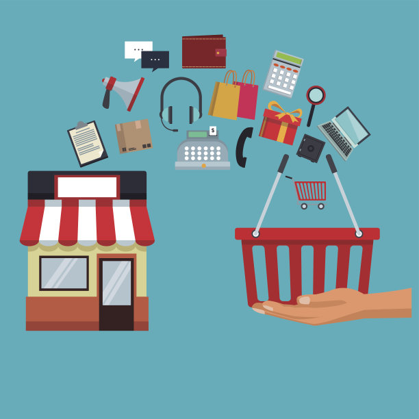 颜色背景与商店与遮阳篷和图标购买篮子购物在手图片下载