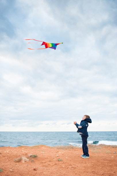 可爱的小男孩穿着秋天的夹克，站在波涛汹涌的海边玩风筝图片下载